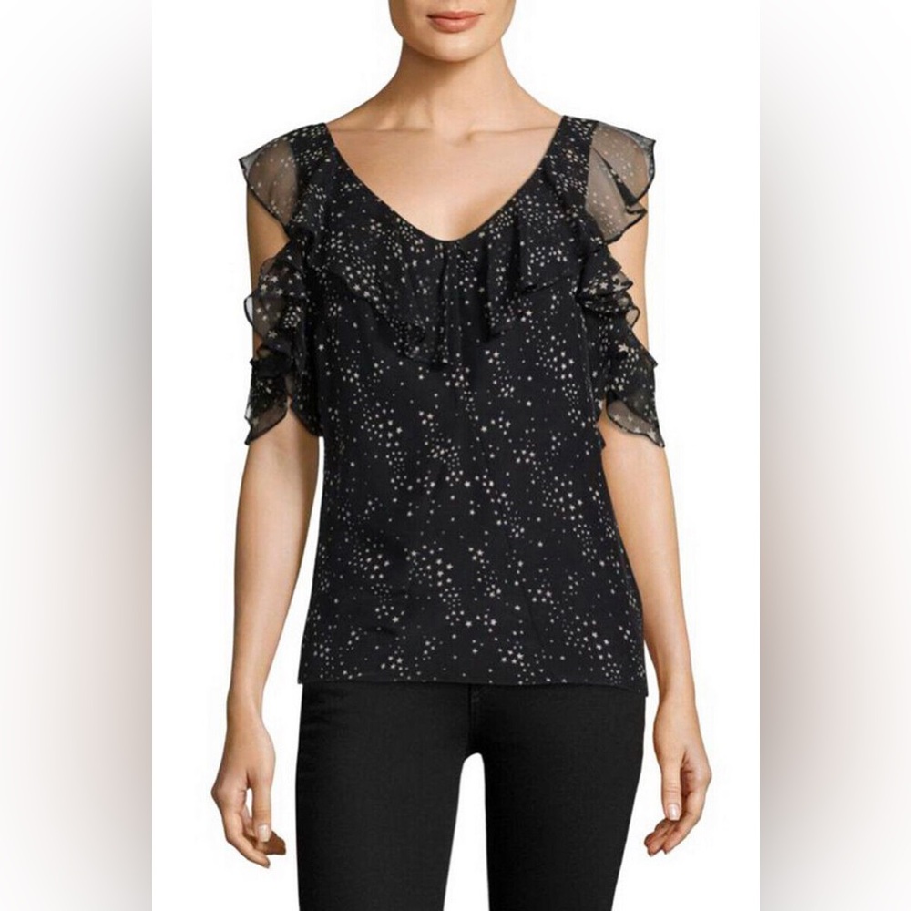 Love Shack Fancy Sz M Black Silk Ruffled Star Print Blouse.